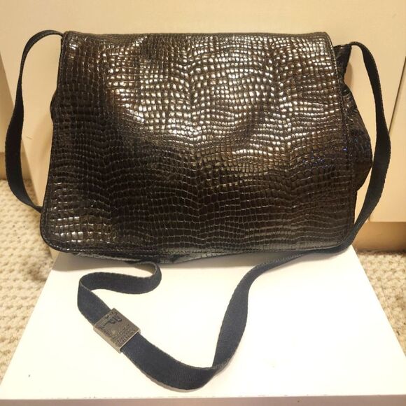 Carlos Falchi Dark Brown Python Print Patent Leather Shoulder Bag Ret.$448 - Picture 1 of 12